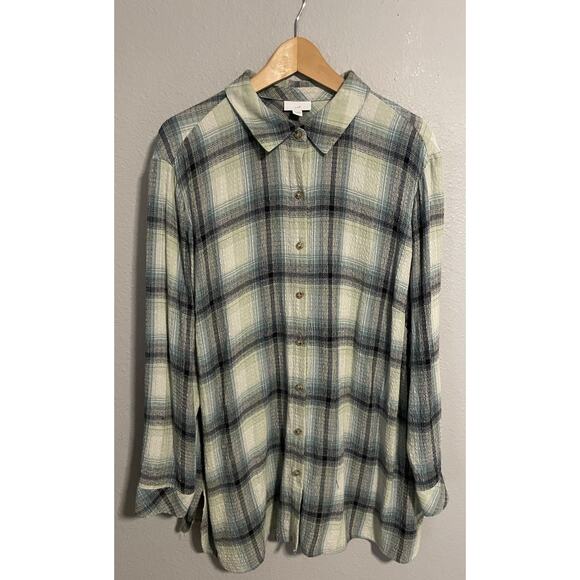 J Jill Womens Tunic Size 2X Blue Plaid Rayon Stretch Button Up Modern Minimalist - Picture 1 of 7